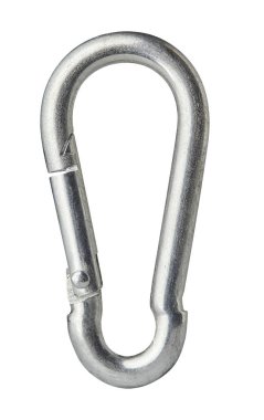 Metal Carabiner isolated on white background. Close up.
