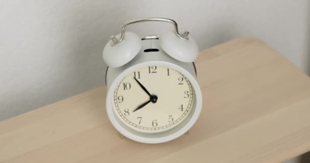 Men Hands Ringing White Alarm Clock Close — ストック動画