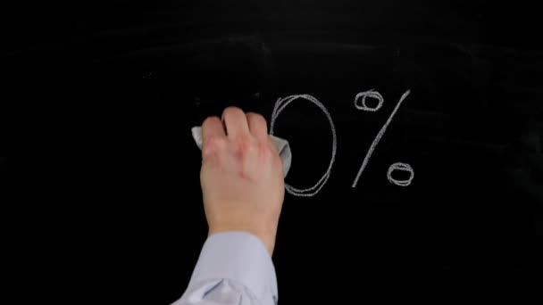 Person hand writes chalk digit fifty 50 percent chalk, then wipe and 100. Close up. — Αρχείο Βίντεο