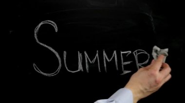 Hand writing SUMMER with chalk on blackboard. Close up.
