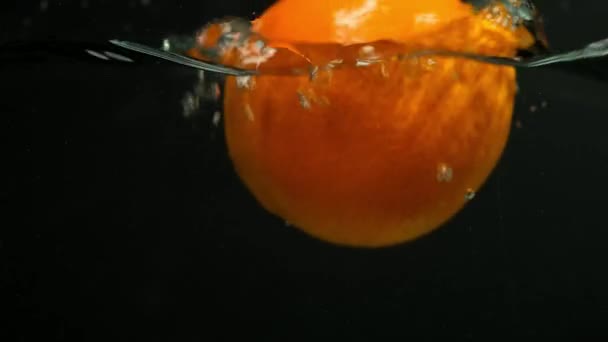 Fruta naranja cae en el agua en cámara lenta. sobre fondo negro. De cerca. . — Vídeos de Stock