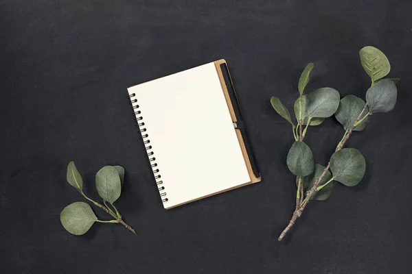 Notebook on a black background with branch green leaves, top view. Flat lay. — Stock Photo, Image