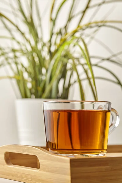 Glass cup of tea brown background. Close up. — Stock Photo, Image