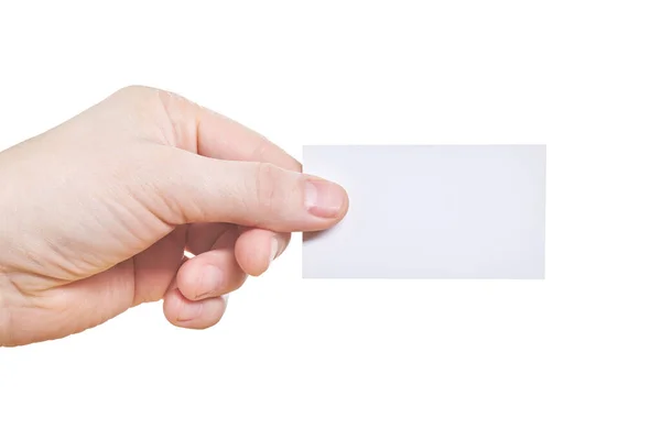 Χέρι κρατώντας λευκό χαρτί επαγγελματική κάρτα, απομονώνονται σε λευκό φόντο — Φωτογραφία Αρχείου