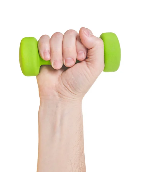 Mão segure um haltere verde para saúde fundo branco isolado. Fechar . — Fotografia de Stock