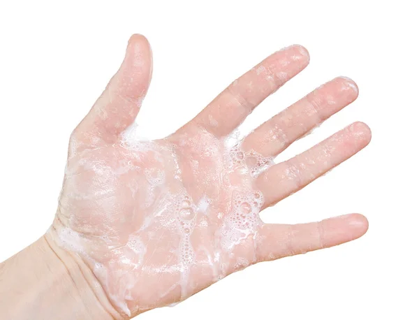 Tvålad hand isolerad på vit bakgrund. Närbild. — Stockfoto