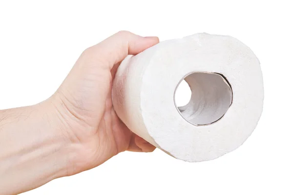 Un homme tenant un rouleau de papier toilette blanc dans sa main. Gros plan . — Photo
