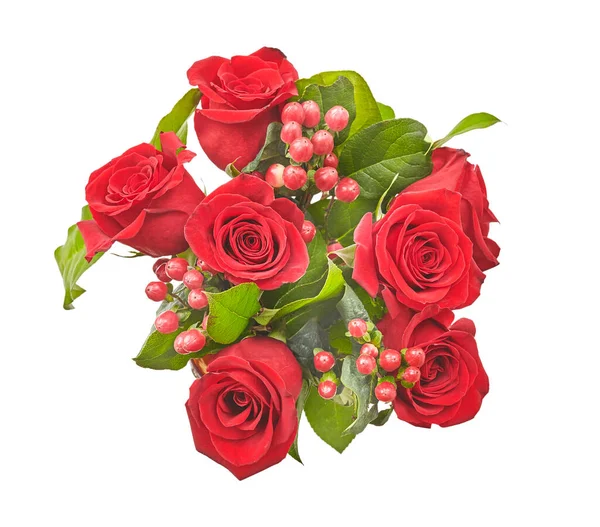 Ramo de rosas rojas en las vacaciones de San Valentín. Vista superior — Foto de Stock
