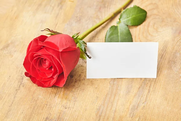 Blank card with red rose on a wooden background Close up — Stock Photo, Image