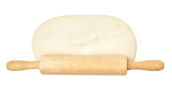 Meel Rolling Pin op Pizza of Brood Dough. Geïsoleerd op witte achtergrond — Stockfoto