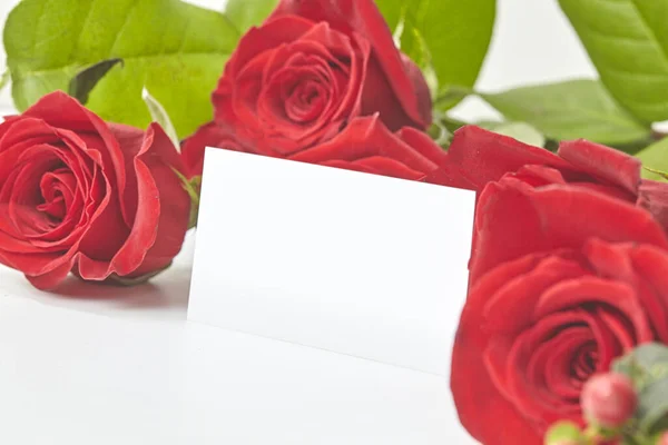 Paper card and bouquet of roses isolated on white background — Stock Photo, Image