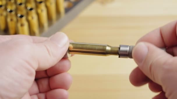 Production of cartridges for a rifle, reload. Shells preparation — Stock Video