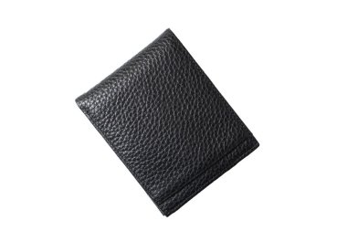 Yeni siyah, hakiki deri cüzdan, beyaz arka planda izole edilmiş. Üst görünüm