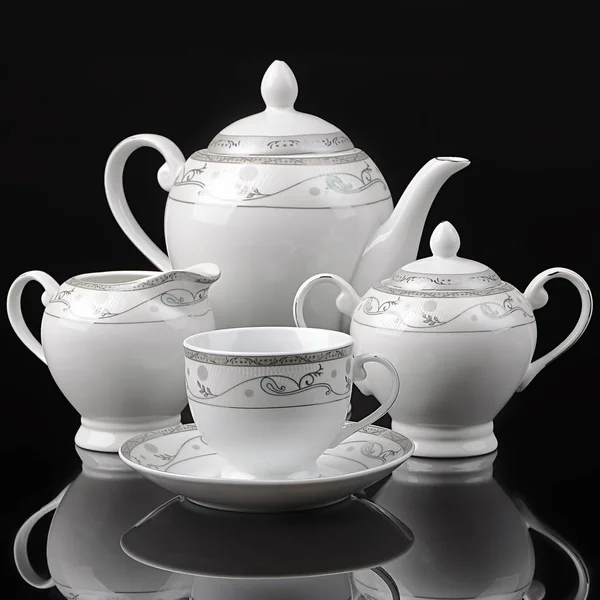 Tea set empty isolated on black background — Stock Photo, Image