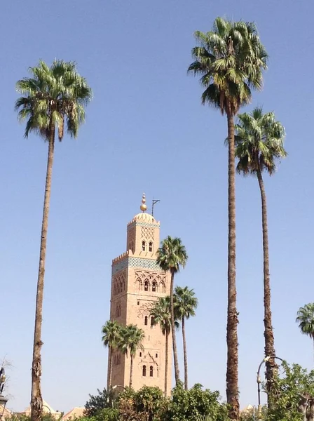 Minaret against a blue sky and palm trees in the city of Marrakech, Morocco, Africa