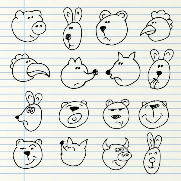 Mignonnes têtes d'animaux dessinées à la main isolées sur une page de cahier — Image vectorielle