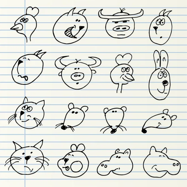 Cabeças de animais desenhadas à mão bonitos isoladas em uma página de caderno — Vetor de Stock