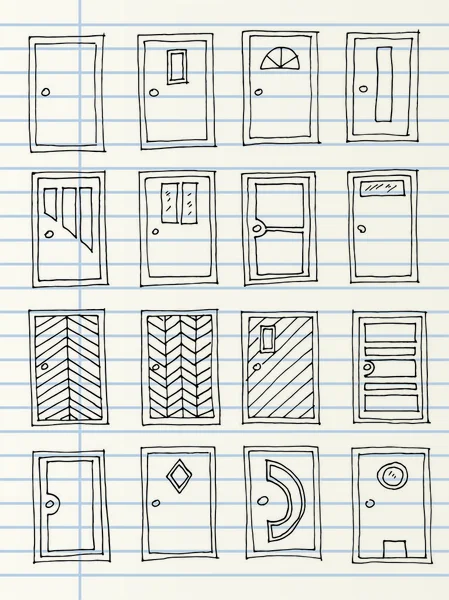 Porte disegnate a mano isolate su una pagina di taccuino — Vettoriale Stock