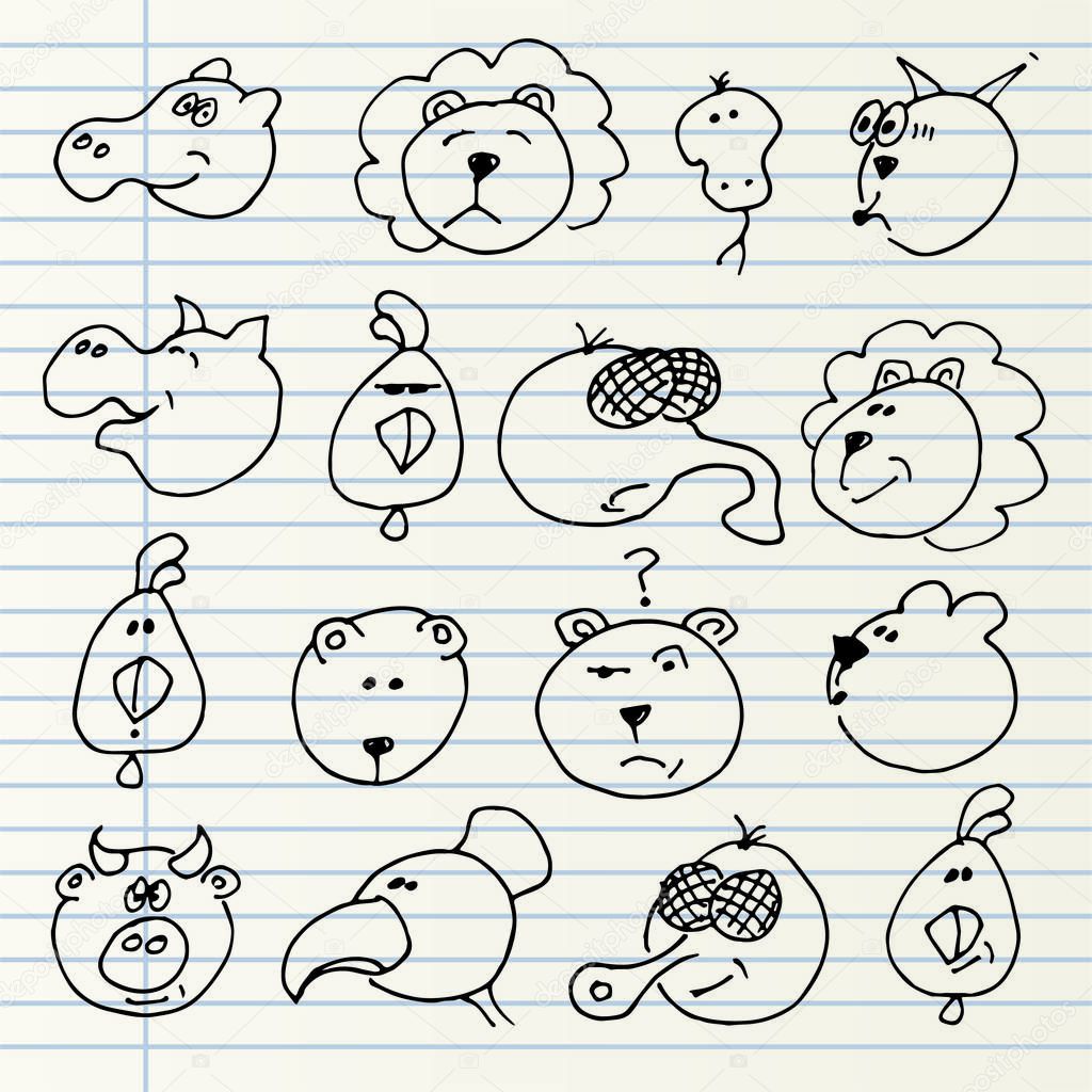 Cute hand drawn animal heads isolated on a notebook page