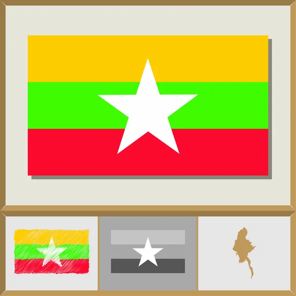 Nationalflagge und Ländersilhouette von Myanmar — Stockvektor