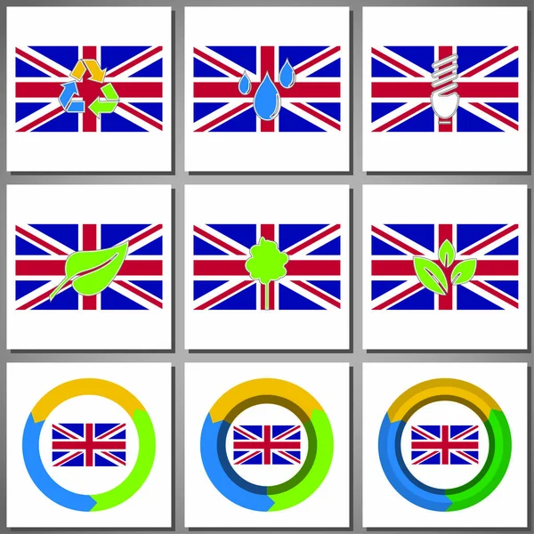 Marcas ecológicas e iconos con bandera del país — Vector de stock