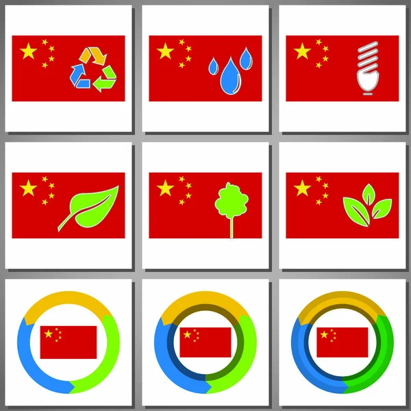 Eco marcas amigáveis e ícones com bandeira do país — Vetor de Stock