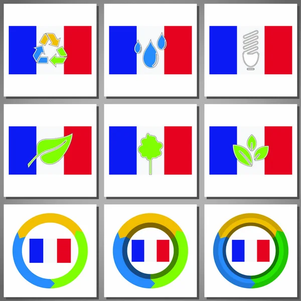 Marques et icônes écologiques avec drapeau du pays — Image vectorielle