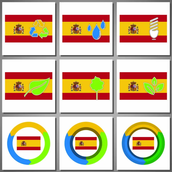 Marques et icônes écologiques avec drapeau du pays — Image vectorielle