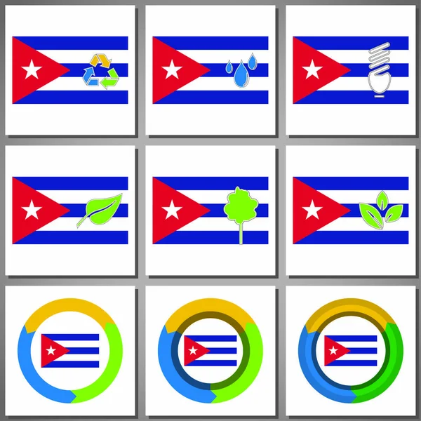 Marques et icônes écologiques avec drapeau du pays — Image vectorielle