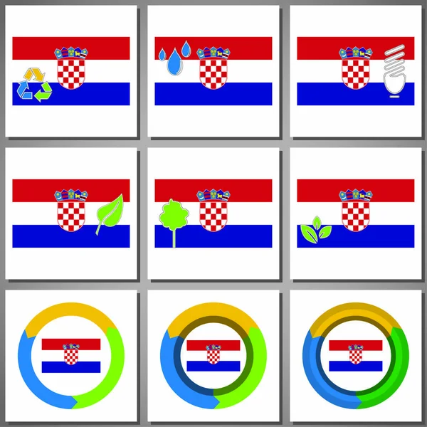 Marcas ecológicas e iconos con bandera del país — Archivo Imágenes Vectoriales