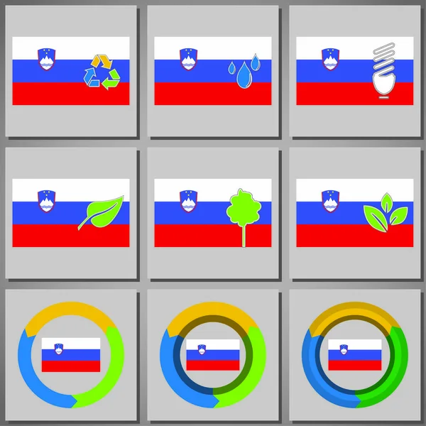 Marques et icônes écologiques avec drapeau du pays — Image vectorielle