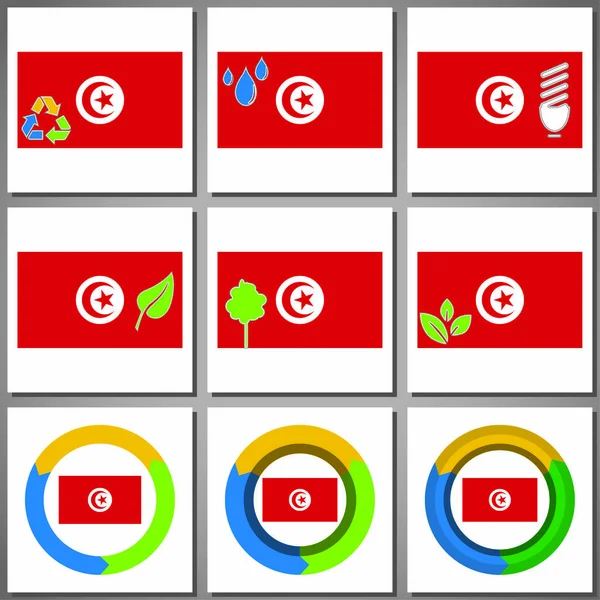 Marques et icônes écologiques avec drapeau du pays — Image vectorielle