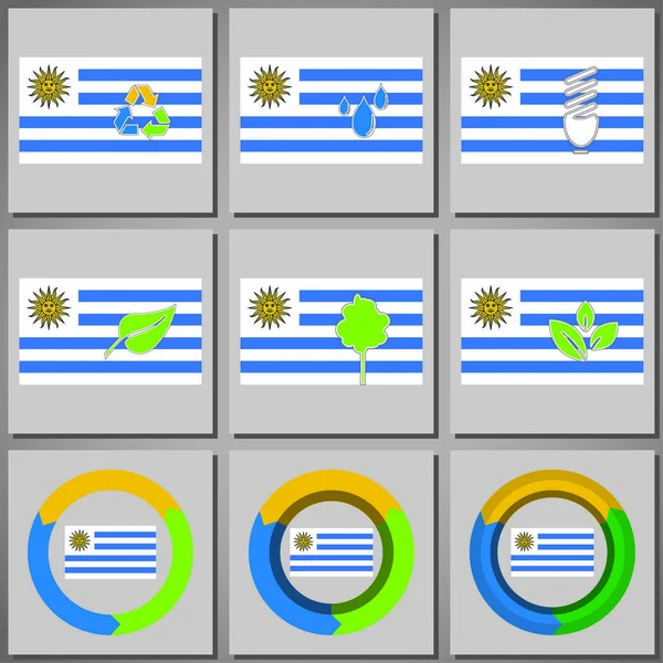 Marques et icônes écologiques avec drapeau du pays — Image vectorielle