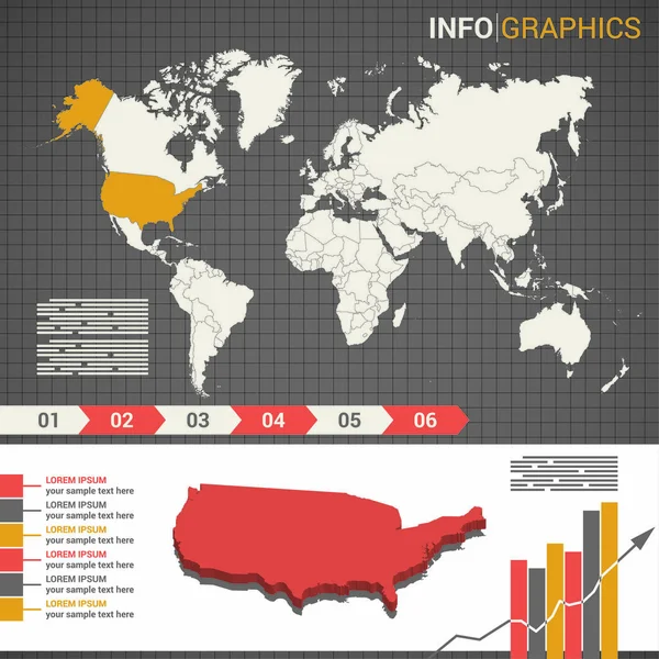 Świecie mapę i infografiki elementów 3d mapie Stanów Zjednoczonych — Wektor stockowy