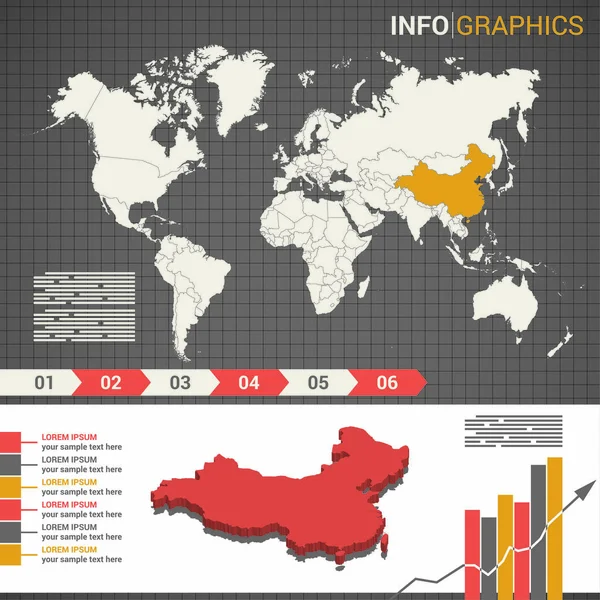 World map and infographic elements with the 3d map of China — Stock Vector