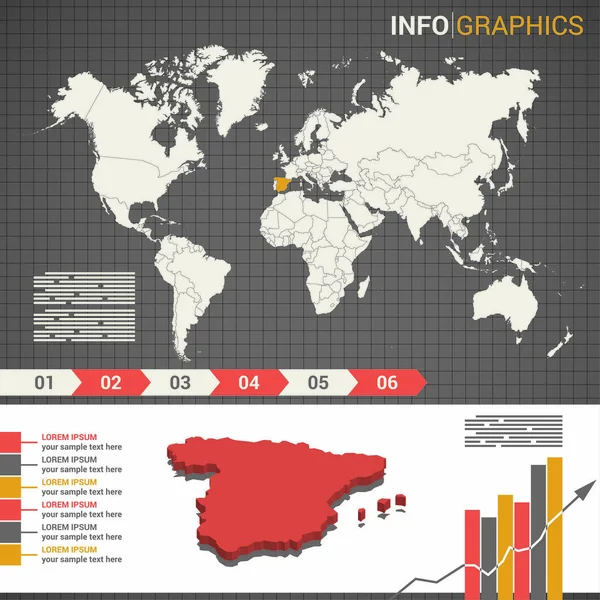 Mappa del mondo ed elementi infografici con la mappa 3D della Spagna Illustrazioni Stock Royalty Free