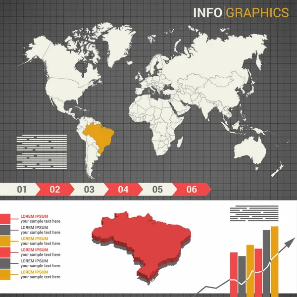 Carte du monde et éléments d'infographie avec la carte 3D du Brésil Illustrations De Stock Libres De Droits