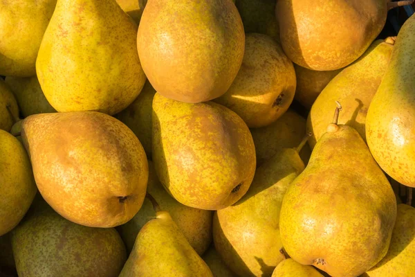 Yellow ripe pears lined up for sale in a supermarket