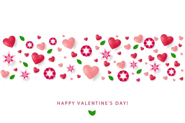 Plantilla de cartel del día de San Valentín con corazones, flores, hojas, coo — Vector de stock