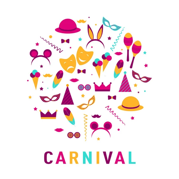 Conjunto para banner de carnaval com conjunto de ícones de etiqueta plana. Vector illu — Vetor de Stock