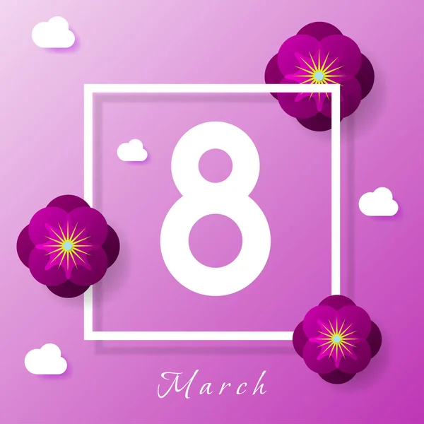 Affiche du 8 mars avec fleurs coupées en papier violet sur fond lilas — Image vectorielle