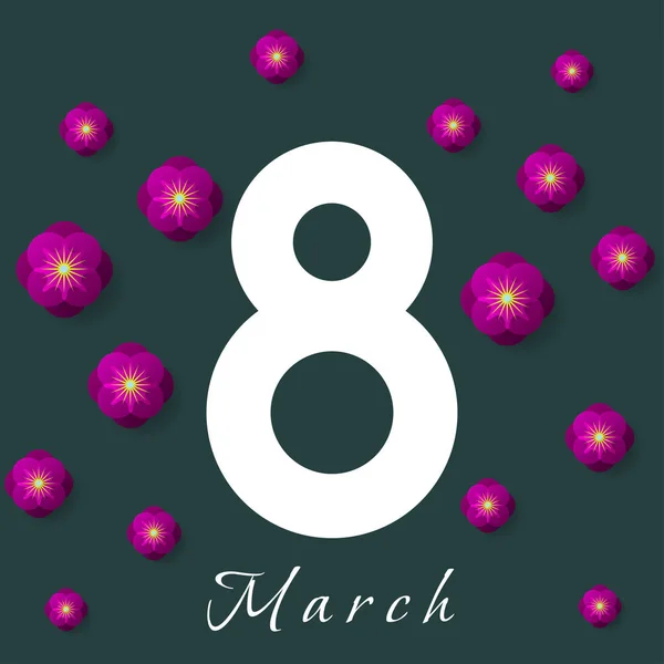 Affiche du 8 mars avec des fleurs coupées en papier violet sur fond vert — Image vectorielle