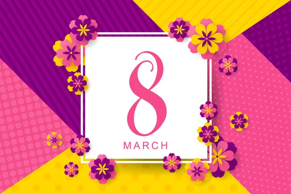 March Creative Poster Yellow Pink Purple Flowers Colorful Background — Stock Vector