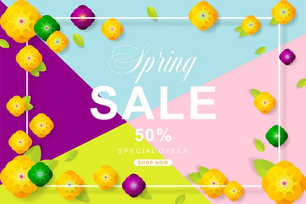 Spring Sale poster with flower and leaves decoration. For Sale d — Stock Vector