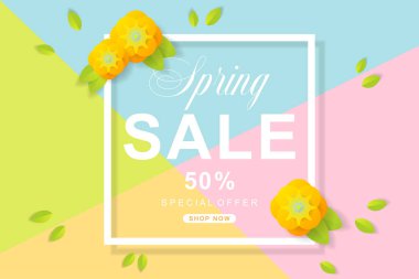 Bahar satış poster çiçek ve yaprak dekorasyonu ile. Satılık d