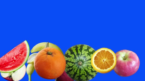 蓝色屏幕上的一组动画水果 — 图库视频影像
