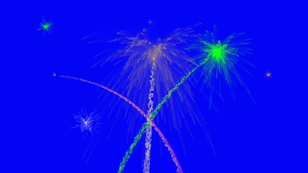 Fireworks Show Modrá Obrazovka Chroma Key Vyměnitelné Pozadí Pro Editory — Stock video