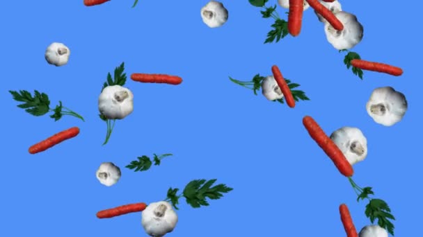 Verduras Caída Animación Croma Elemento Clave Bucle Zanahorias Ajo Perejil — Vídeo de stock