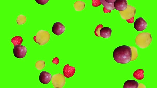 Vruchten Vallende Animatie Chroma Belangrijkste Element Lus Appels Citroenen Frambozen — Stockvideo