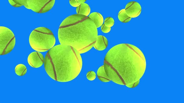 青い画面上のアニメーションテニスボールの要素のグループクロマキー — ストック動画